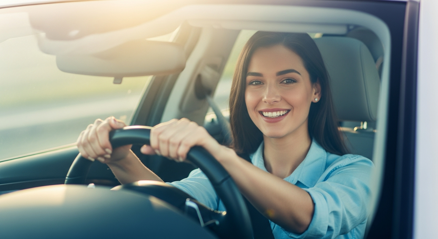 Happy woman driving a clean car