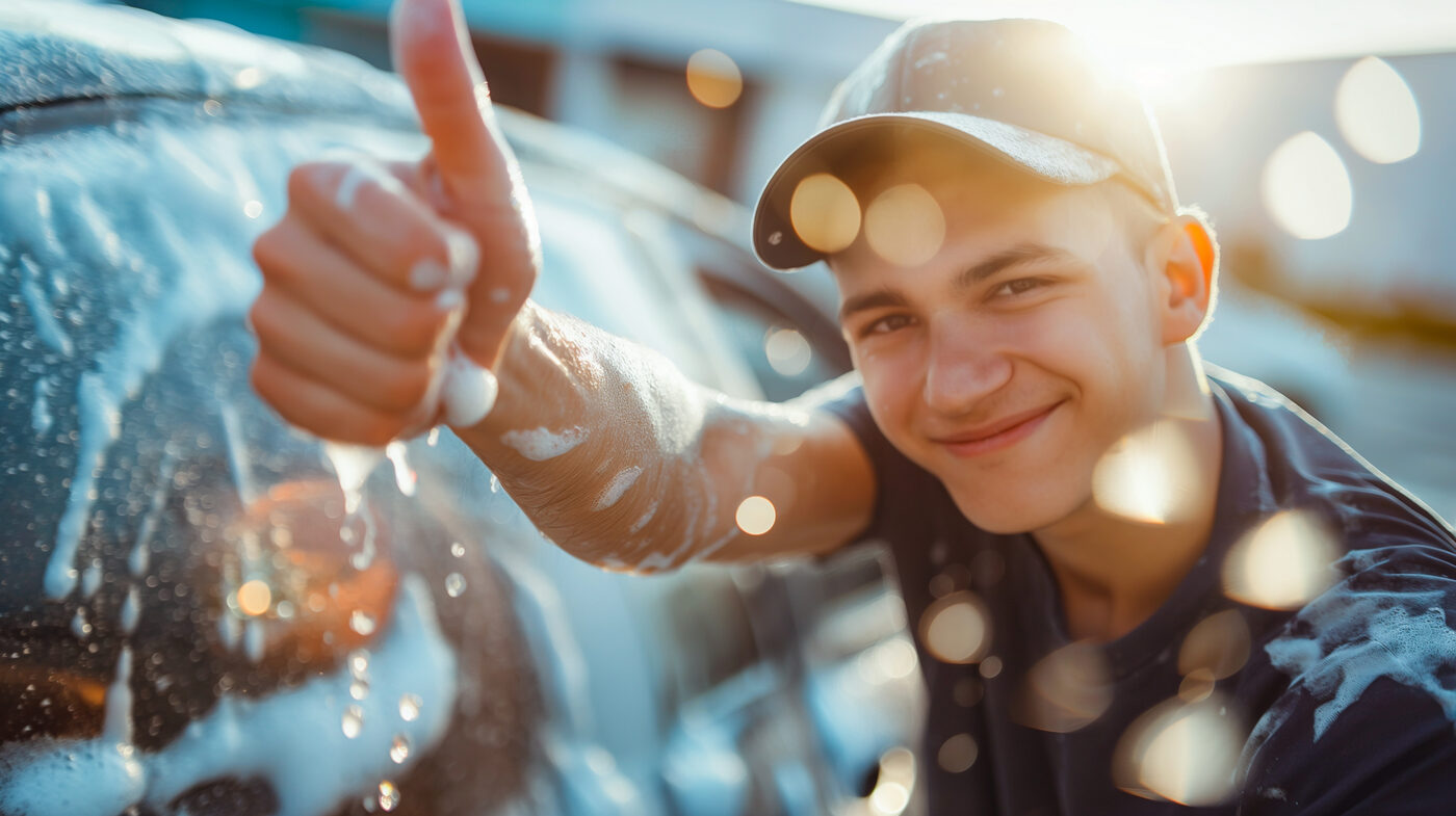 Car wash attendant giving thumbs up
